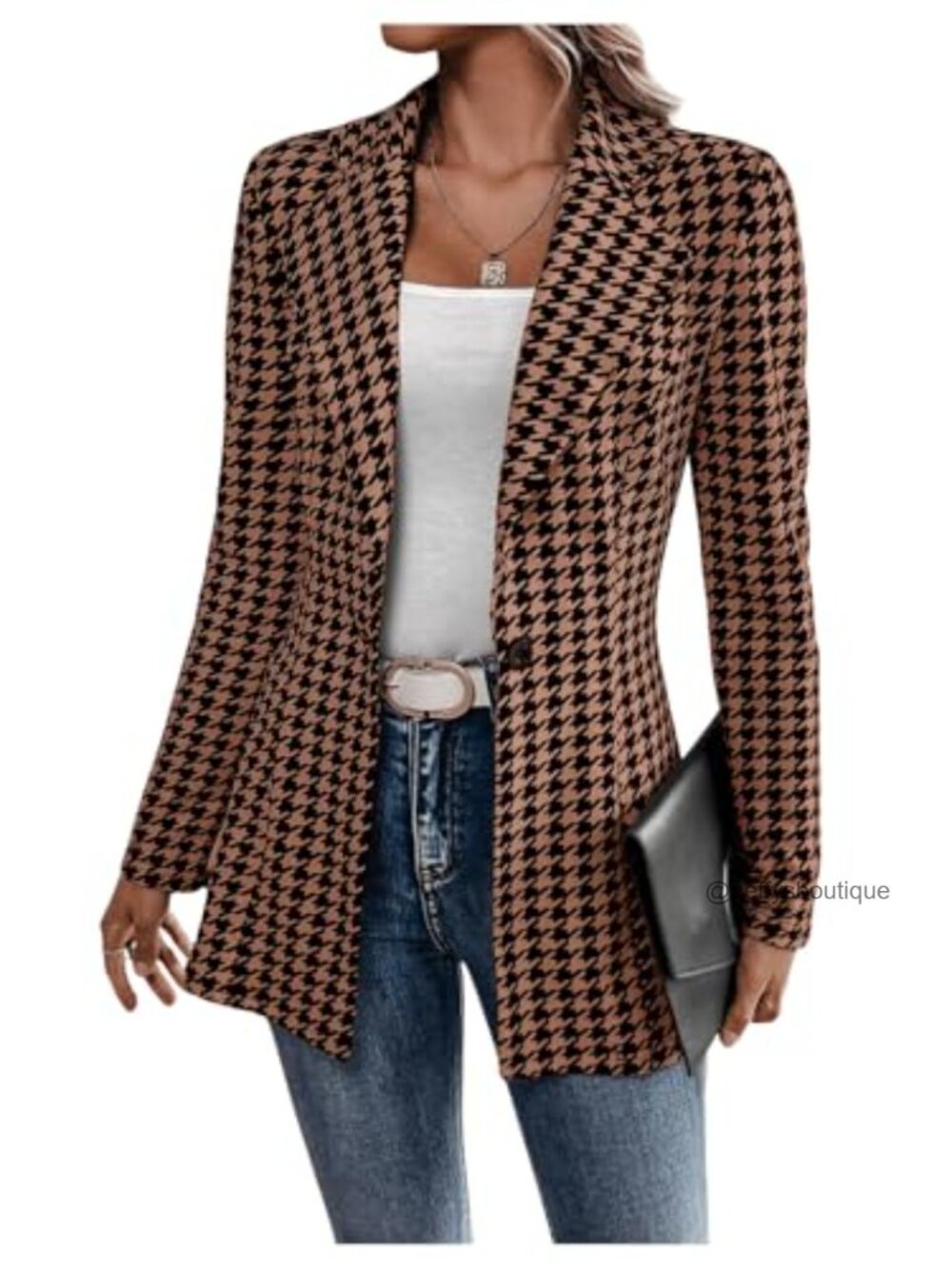 Women's Houndstooth Long Sleeve Blazer Business Casual Jacket